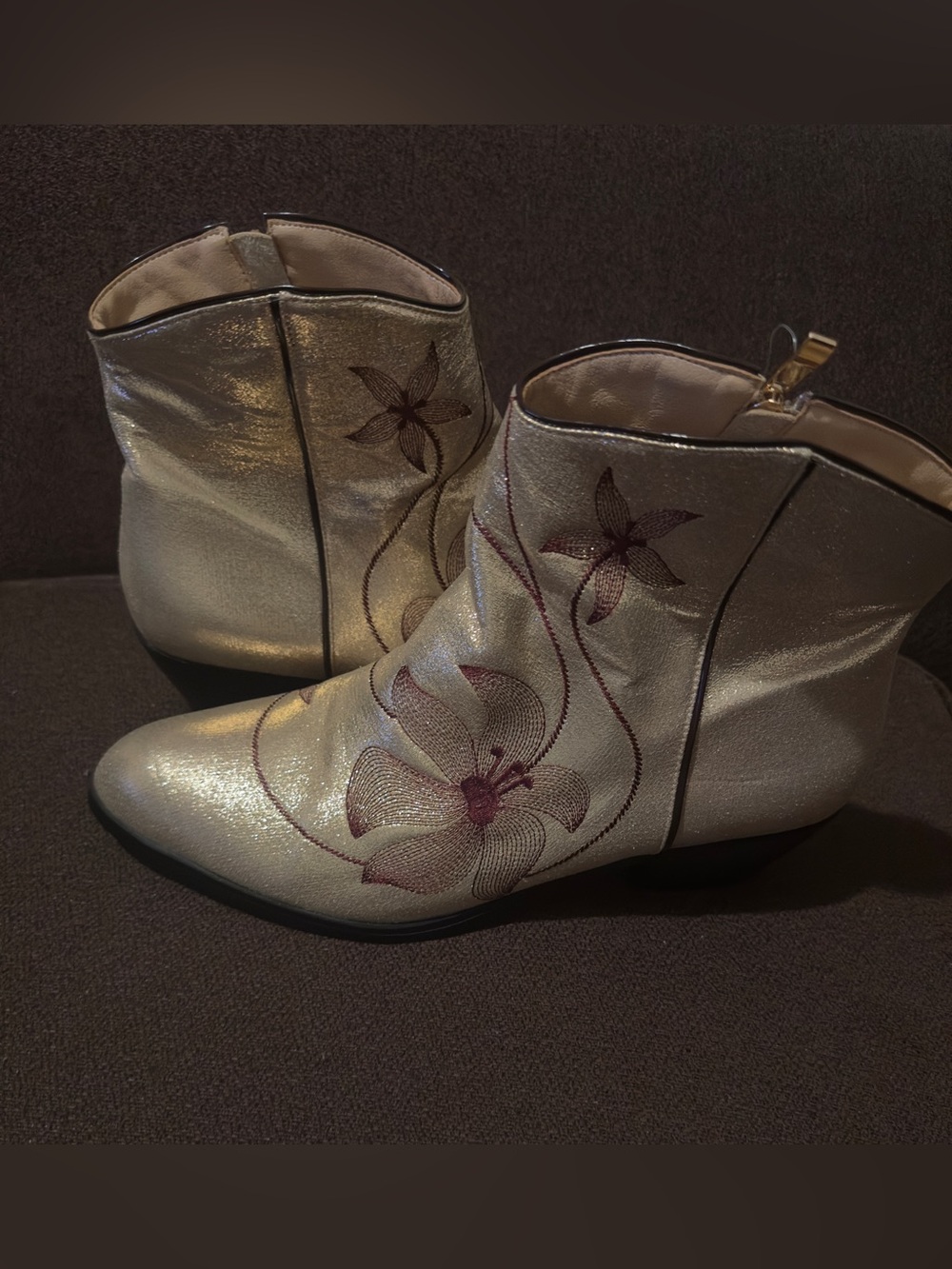 LIKE NEW Midnight Velvet Gold & Burgundy Floral Embroidered Ankle Boots. Size 10